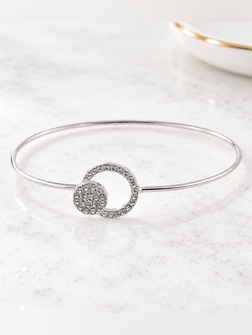 Silver Pave Rhinestone Circle Bangle Bracelet Geometric Minimalist Luxury NEW